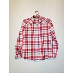 Wrangler Blues Womens Sz M Plaid Pearl Snap Front Long Sleeve Pink Purple